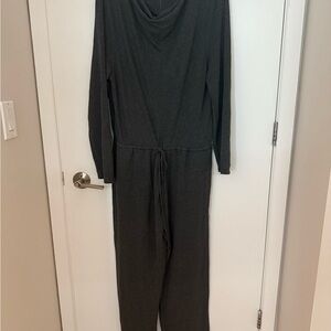 Halston Gray Cowl Neck Jumpsuit with Relaxed Fit and Tie Waist